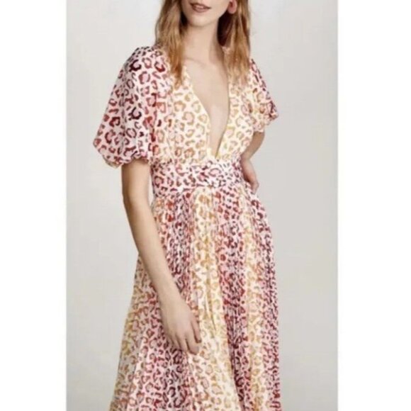 Rococo Sand Sz S Maxi Dress Avana Leopard Print Pleated Puff Sleeve Vneck - Picture 4 of 13